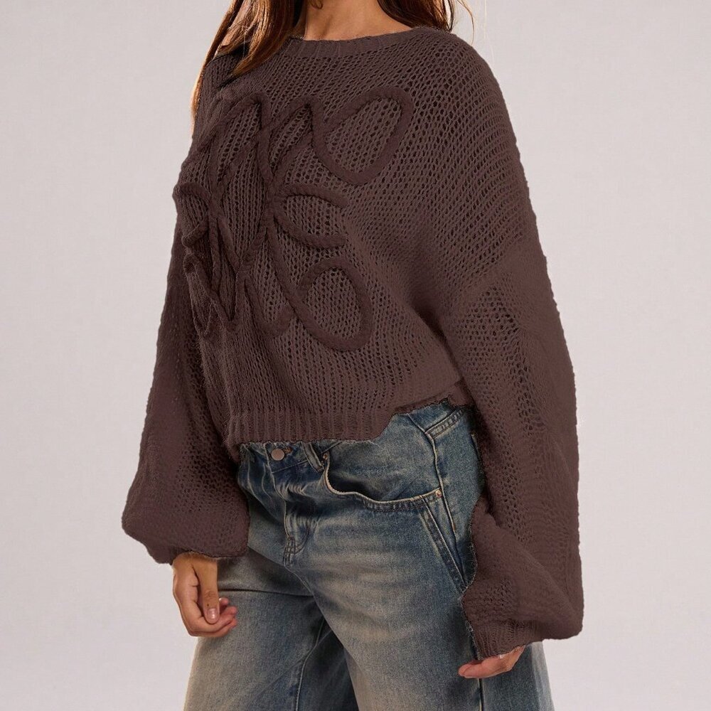 Coffee Brown Casual Women's Loose Lantern Sleeve Sweater - Picture 3 of 7